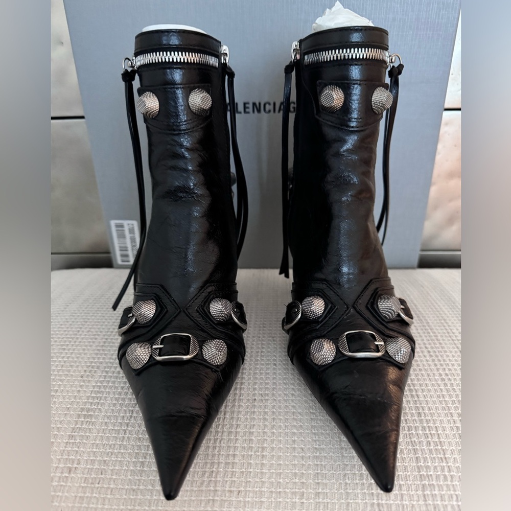 BALENCIAGA Cagole Ankle Booties, Black/Aged Nickel, Size 36.5